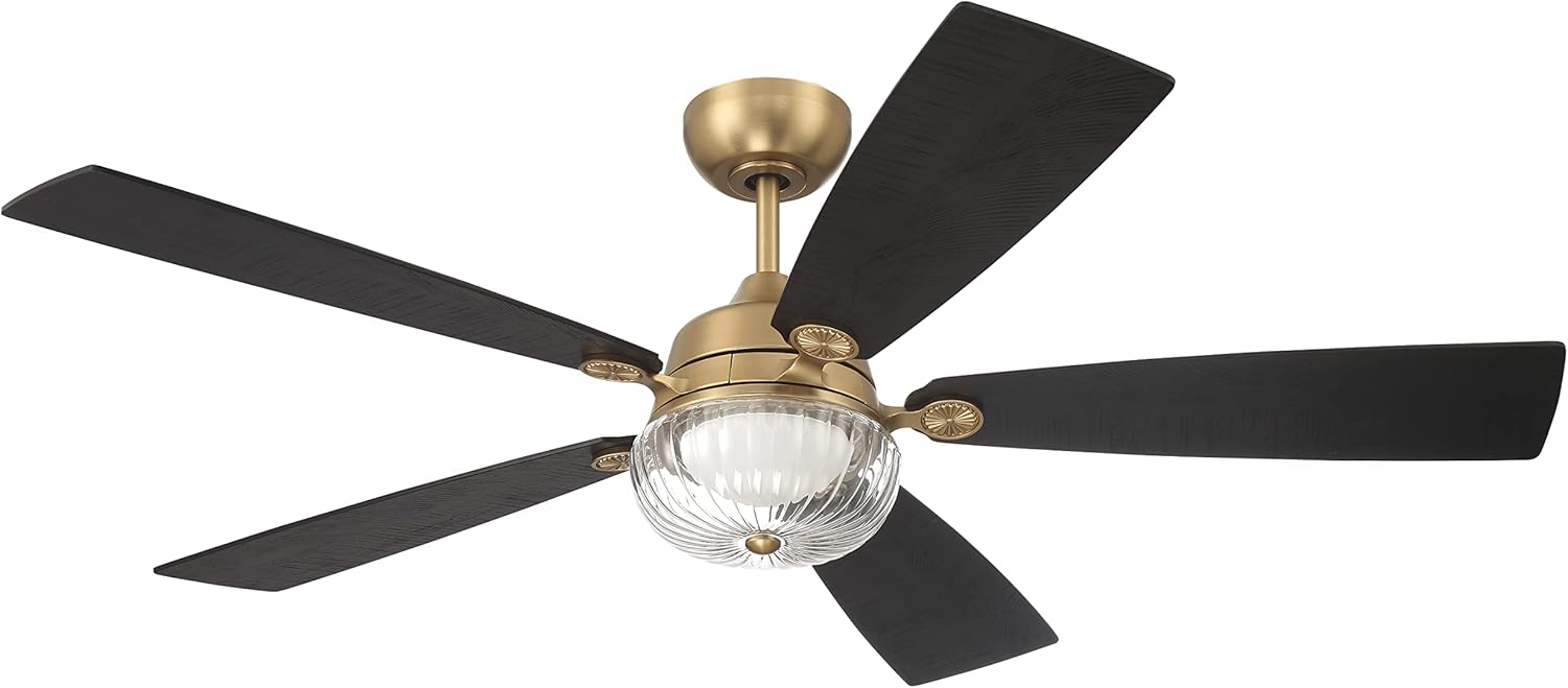 Craftmade Chandler 52 inch Ceiling Fan from a slightly different angle, highlighting the reversible blades and the detailed satin brass finish.