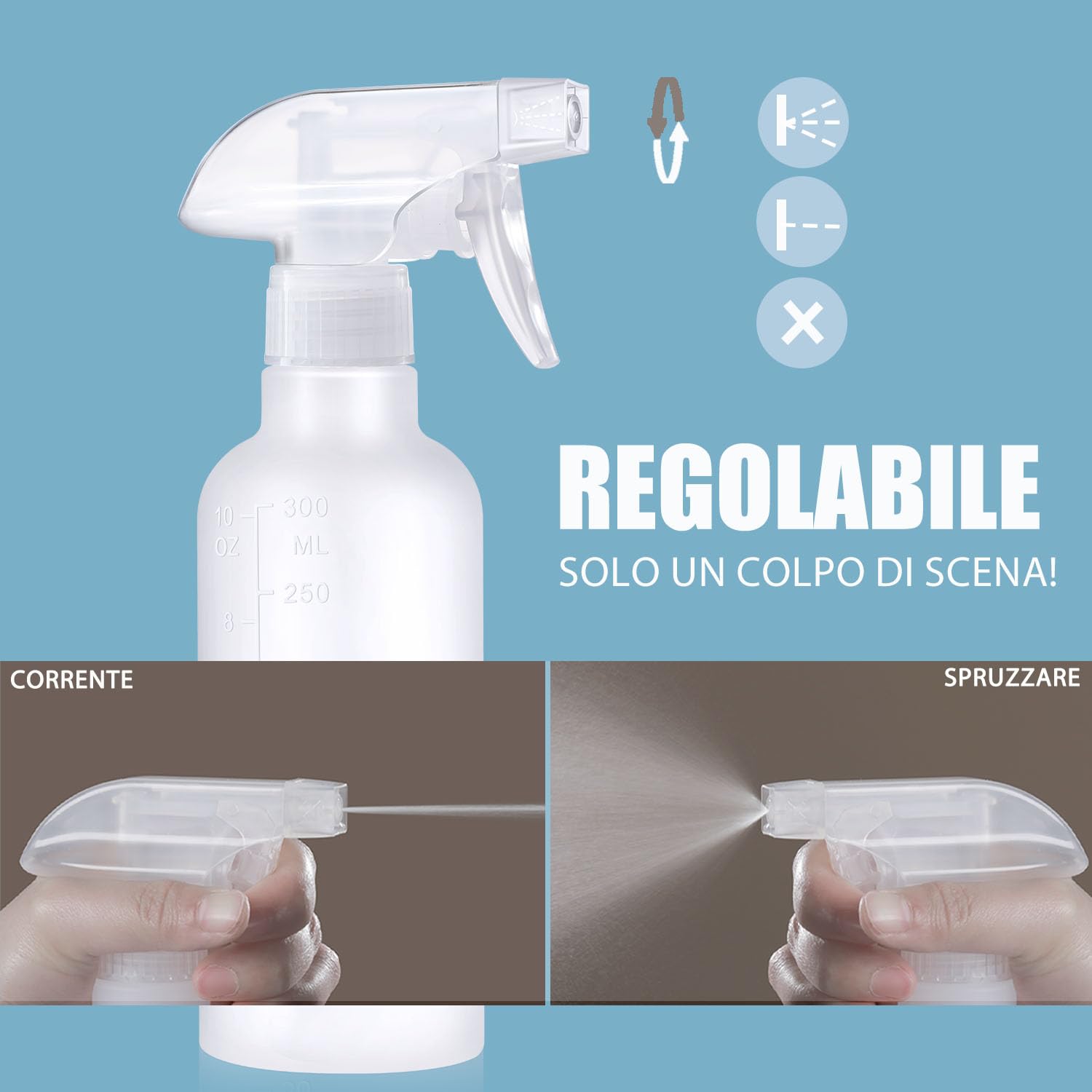 VEXPLO spruzzino per capelli ricci, spruzzino acqua per piante la pulizia capelli Animali, Regolabile Mist/Stream, bottiglia spray piccola in Plastica Senza BPA da 300ml, Confezione da 2 - 2