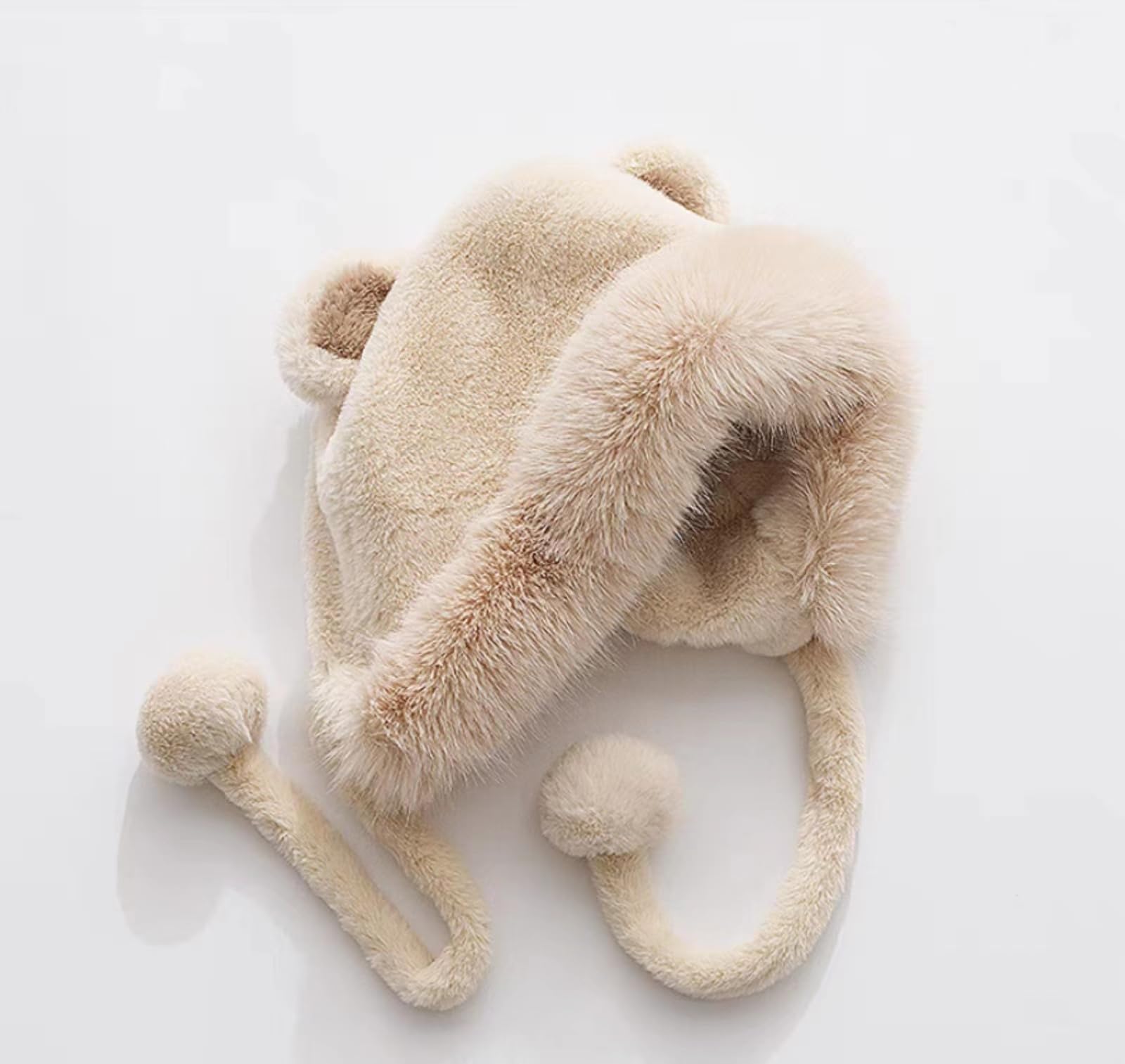 Winter Hat Women Thick Plush with Bear Earflaps Bearnie Faux Fur Warm Cute with 2 Pompoms (Khaki)