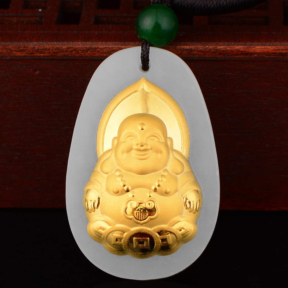 EASTCODE Natural White Hetian Jade 18K Solid Gold Inlaid Carved Buddha Lucky Amulet Pendant + Rope Necklace Jewelry