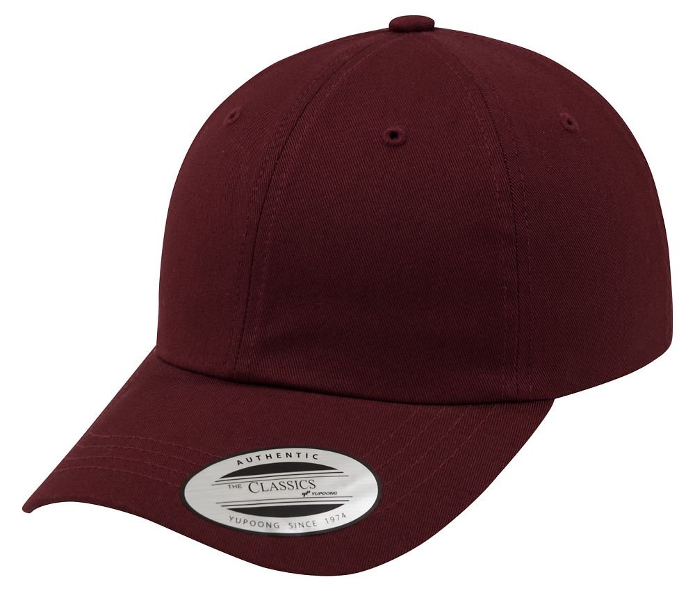 Yupoong Flexfit Low Profile Cotton Twill Unisex Dad Hat Cap für Damen und Herren, 6 Panel Baseball Cap unstructured mit Messingverschluss, maroon, One Size