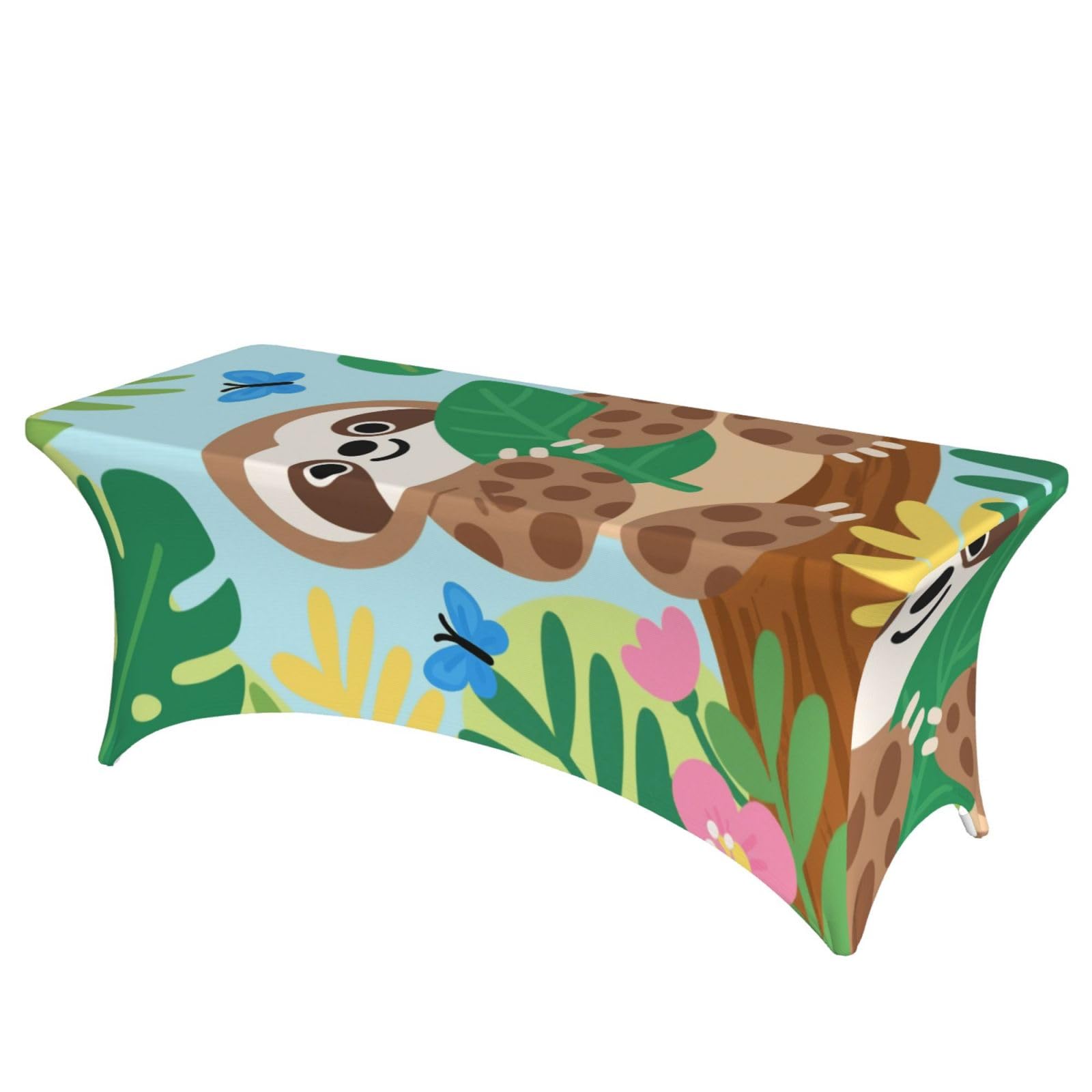 Cute Sloth In Jungle Spandex Tablecloth For Rectangular Tables, 6ft Decoration Elastic Fitted Tablecloth Stretch Table Cover Wrinkle Resistant Table Protector For Party Events Wedding Banquets