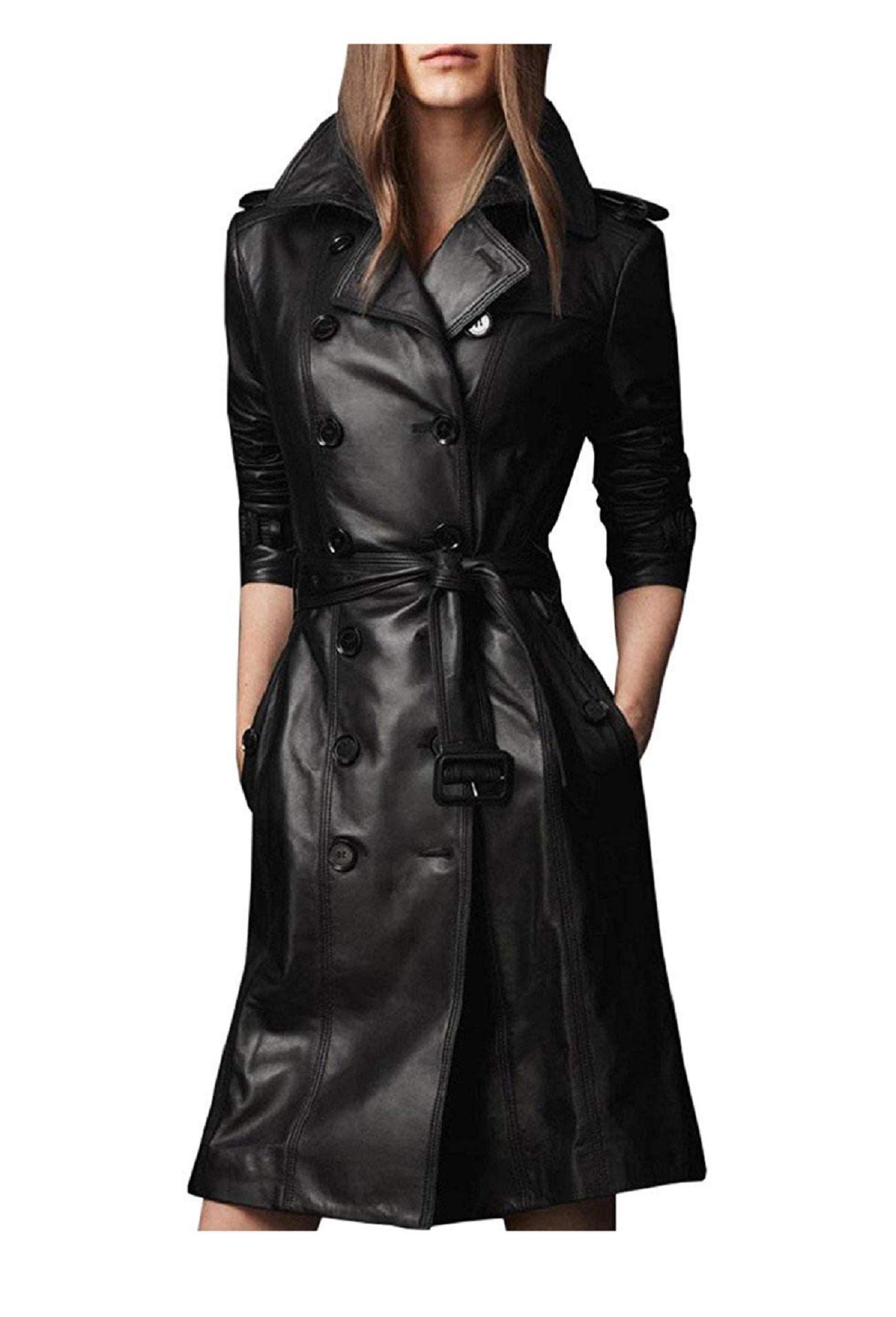 Womens Trench Coat for Designer Black Trench Leather Long Coat with Belt Trench Coat for Women Slim Fit Belt Style for Ladies