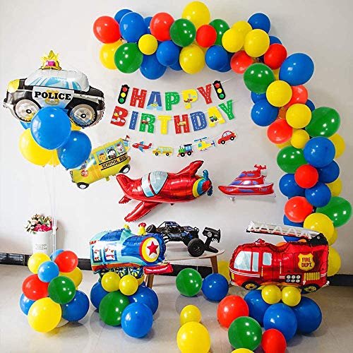 Yansion Construction Party Decorations Boys, Happy Birthday Banner Transport Vehicles Foil Balloons Plane Train Police Car School Bus Yacht Fire Truck Cake Toppers for Dump Truck Party Boys, Baby Shower, Boys 1st Birthday - Thumbnail 6