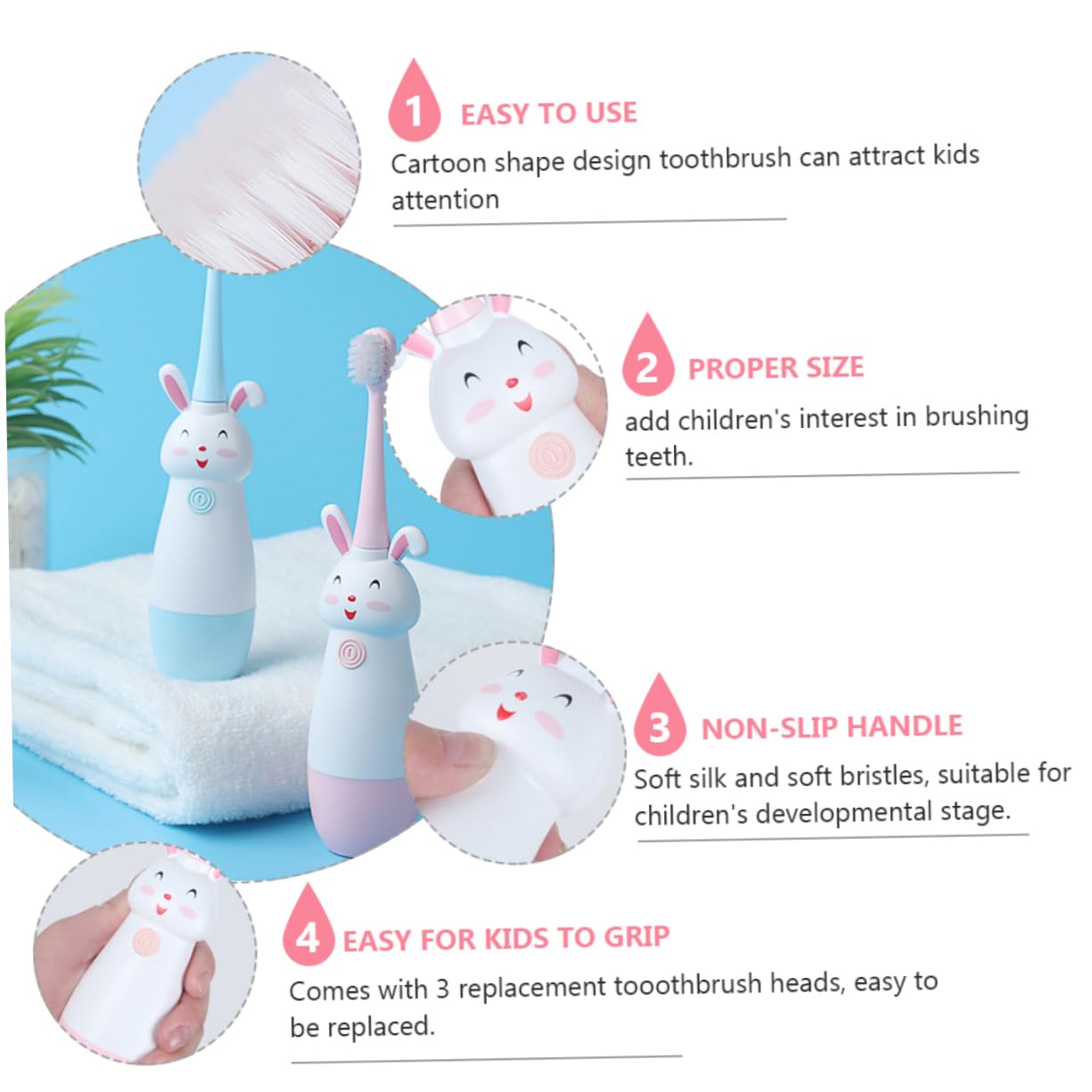 PartyKindom 3sets Spazzolino Elettrico Per Ragazzo Ragazza Forma Di Cartone Animato Completo Con Testine Sostituibili Manico Antiscivolo e Design Rosa Spazzolino Sicuro e Facile Da Impugnare