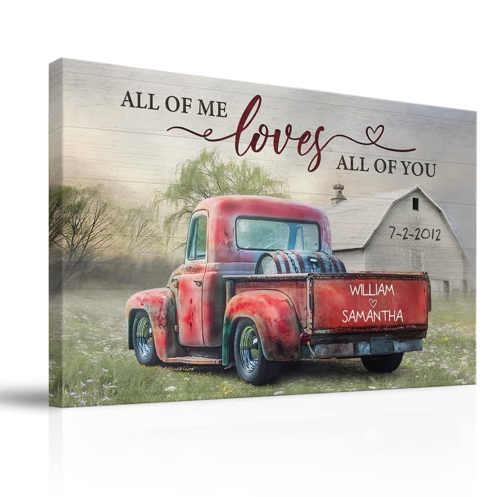 Personalized Couple Canvas Farmhouse Barn Vintage Truck, Family Name Sign for Home Decor, Personalized Canvas, Full Size Customized 12