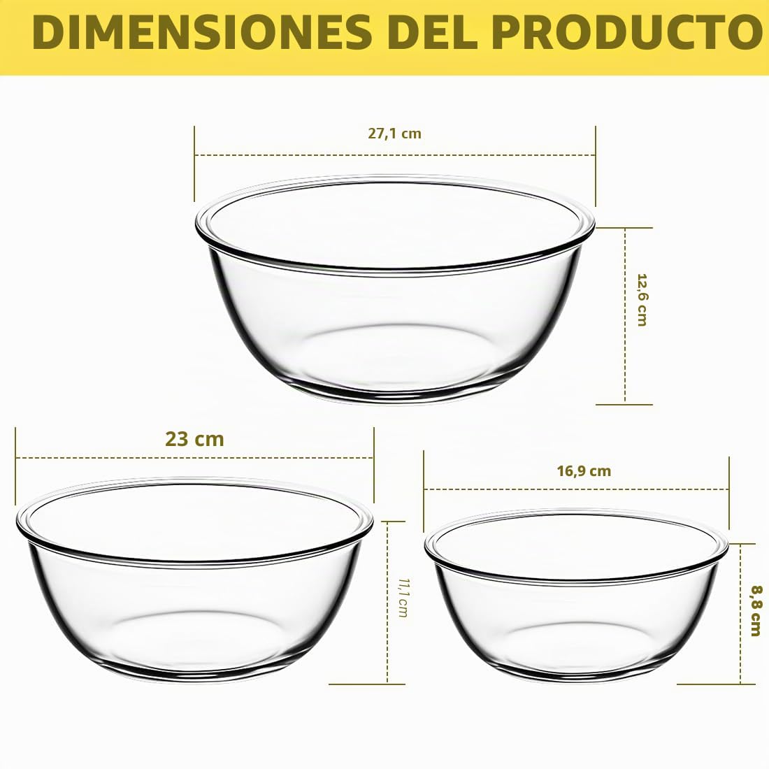 Juego de 3 Cuencos de Vidrio con Tapa Hermética, Cristal Borosilicato 1050 ml+2700 ml+4400 ml Sin BPA Apto para Microondas Lavavajillas Utensilios de Cocina Apilables para Almacenar Mezclar