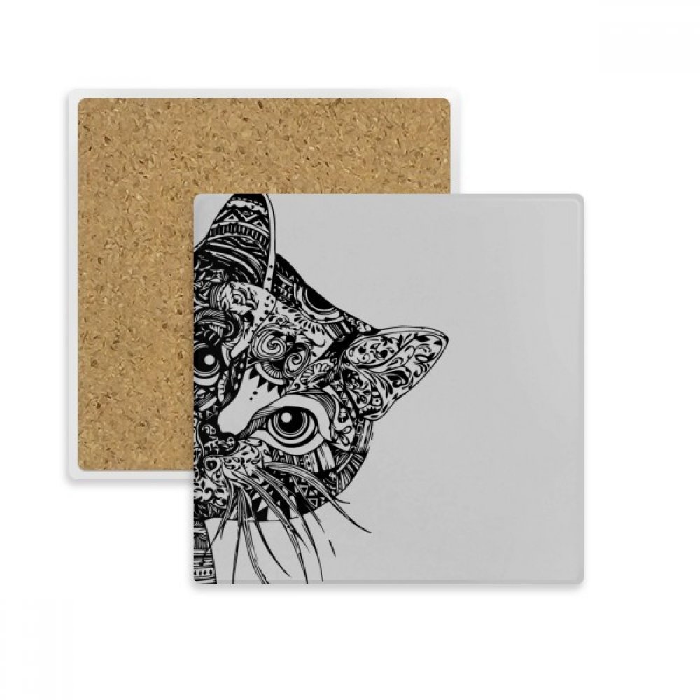 Dessin au trait de chat noir repose-tasse pierre absorbante anti-taches
