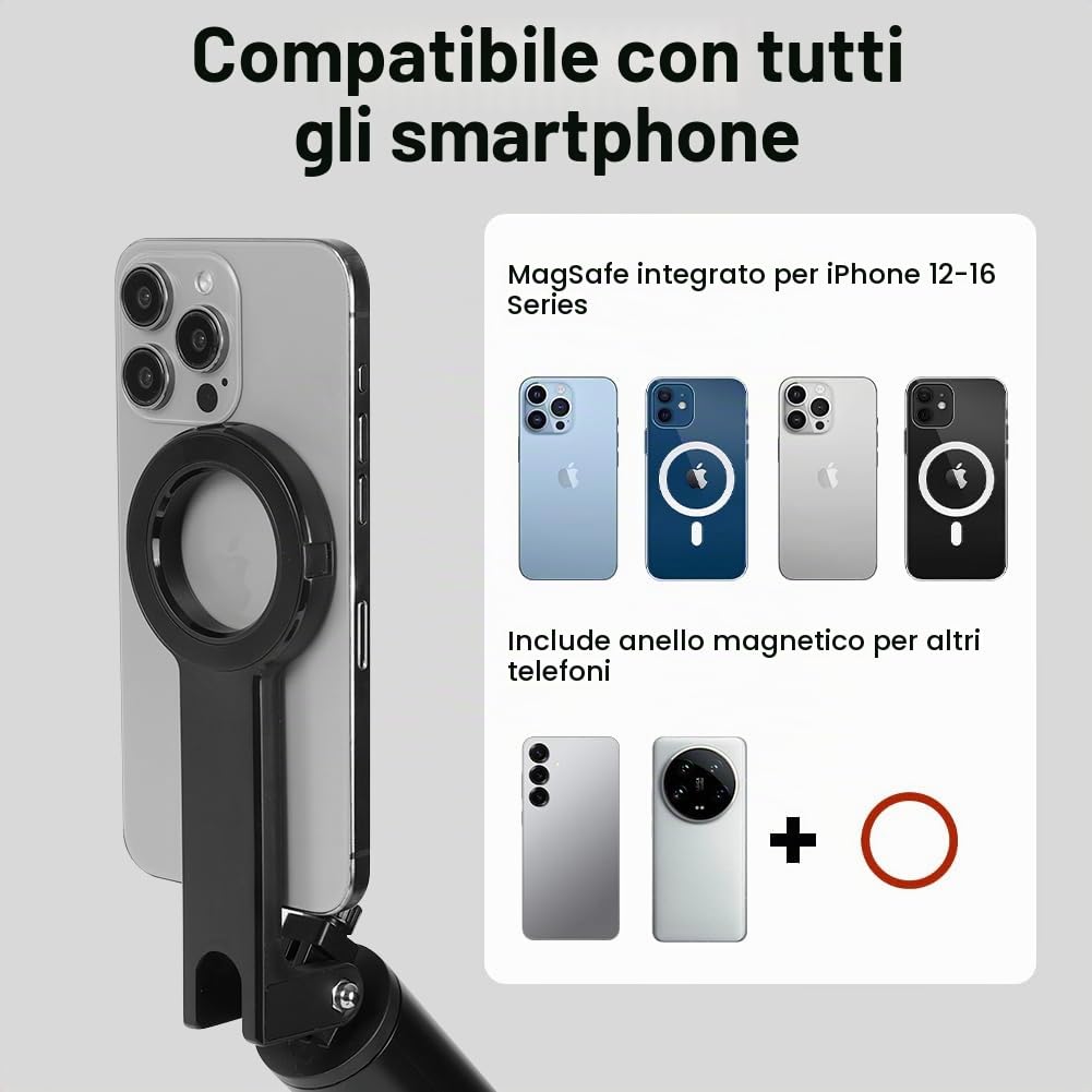Selfie Stick Treppiede per Telefono, 190cm Bastone Selfie Magnetico, con Telecomando Bluetooth Staccabile e Vite da 1/4 pollice, Treppiede Portatile Estensibile Compatibile con iPhone e Camera