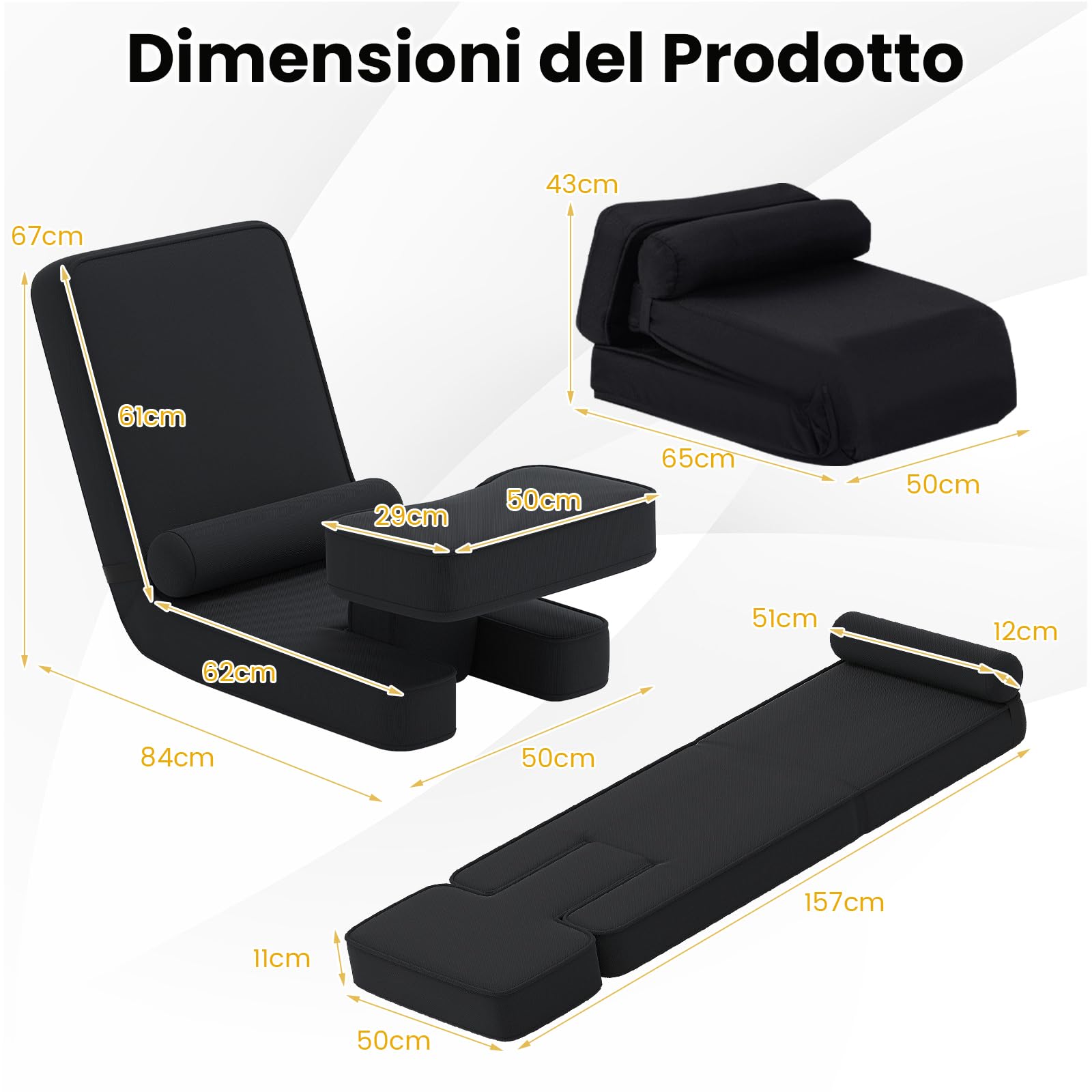COSTWAY Sedia da Terra Pieghevole, Poltrona Relax Imbottita con Schienale e Poggiapiedi Regolabili, Sedia da Pavimento con Tavolino e Cuscino, per Soggiorno e Camera da Letto