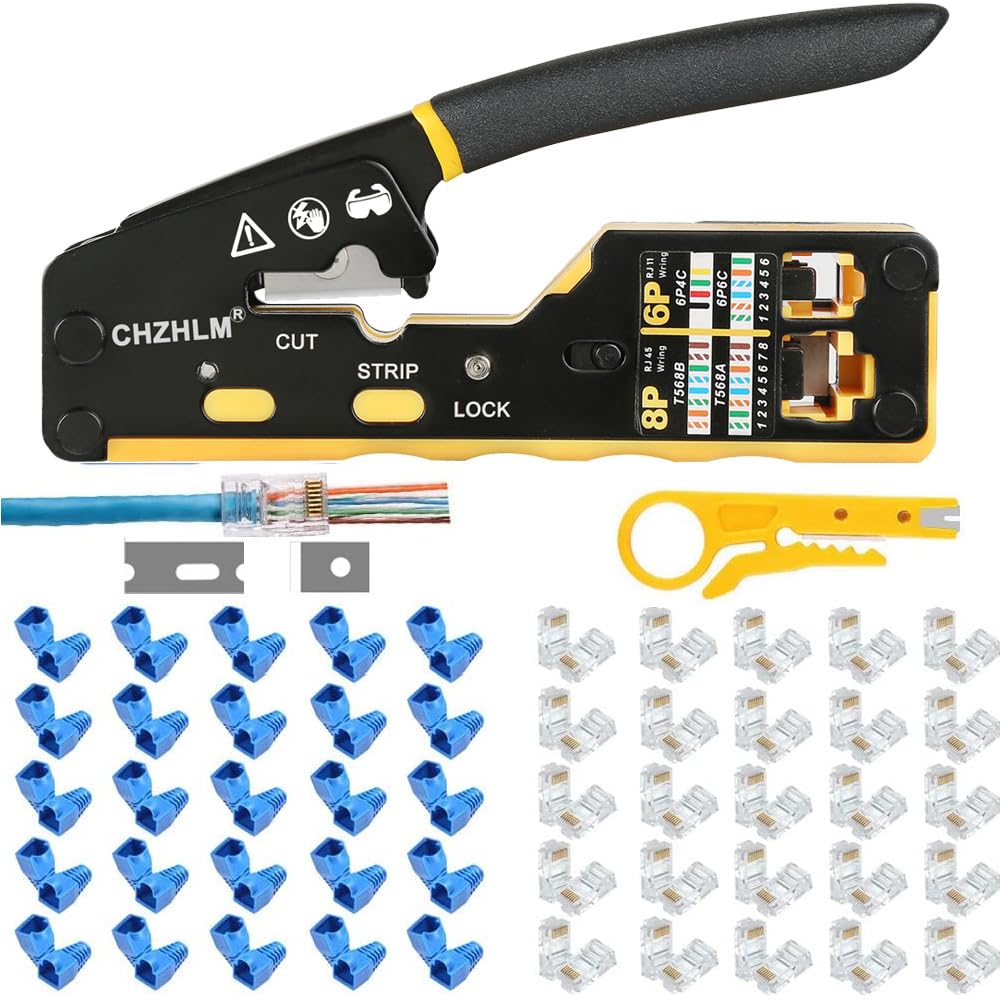 RJ45 Crimp Tool Kit All-in-one Ethernet Crimping Tool Pass Through Crimper for 8P RJ45 Cat5 Cat5e Cat6 Cat6a 6P RJ11/12 Telephone Connectors With 50Pcs Connectors 50Pcs Covers Mini Yellow Stripper