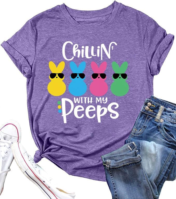 Easter Shirts for Women Chillin with My Peeps Shirt Cute Rabbit Graphic T-Shirt Bunny Shirt Easter Gift Tops