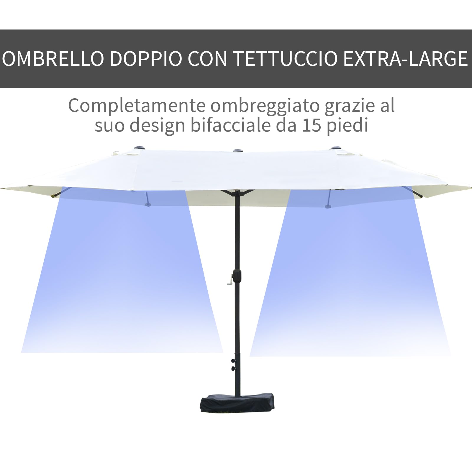 Outsunny Ombrellone da Giardino Doppio a 12 Stecche con Base a Croce e Apertura a Manovella, Ombrellone da Terrazzo con Sacchi di Sabbia, in Acciaio e Poliestere, 455x265x238 cm