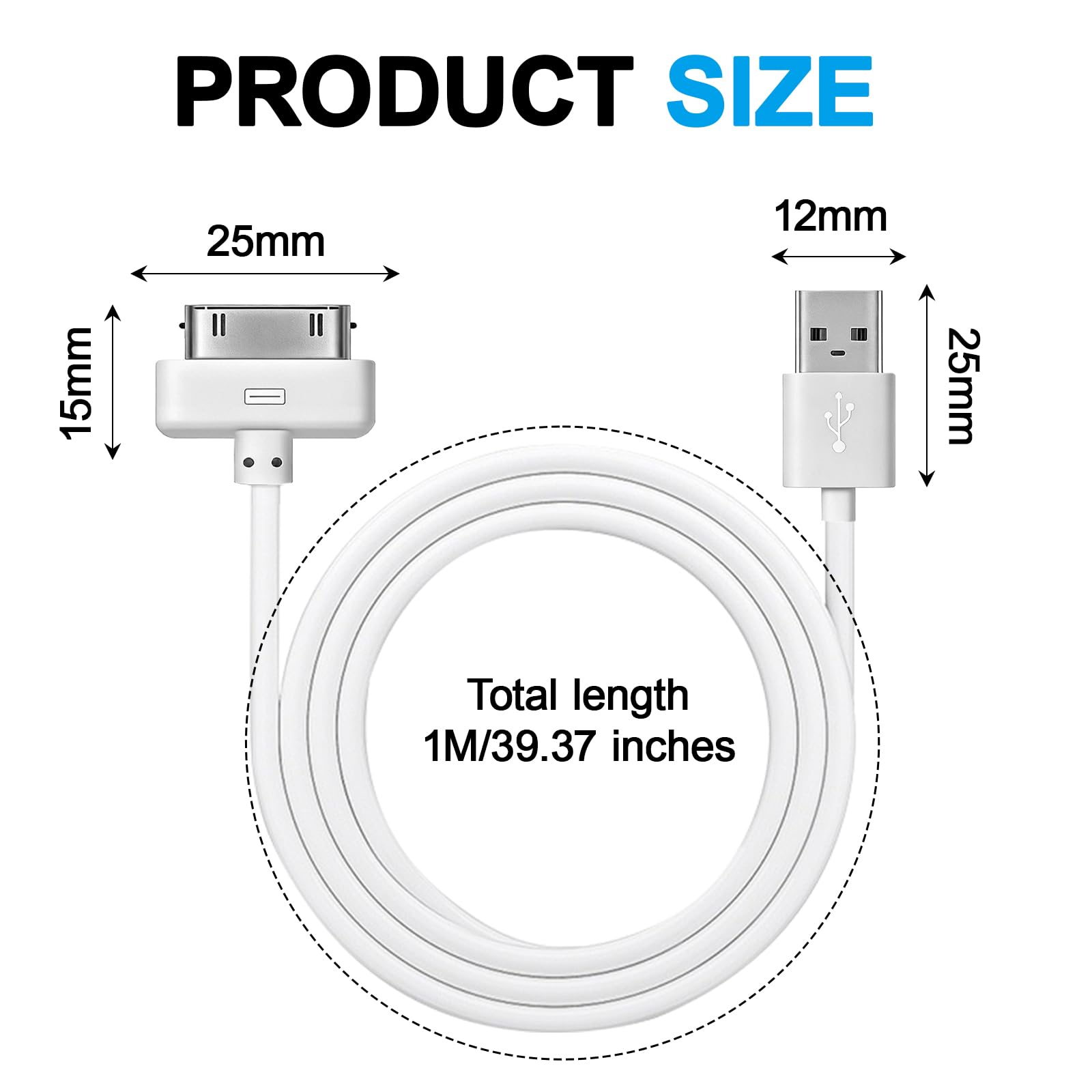 USB Sync and Charging Data Compatible With iPhone 4/4S/3G/3GS, iPad 1/2/3, iPod Touch/Classic, Old 30-Pin Devices, 1M, White — view 2