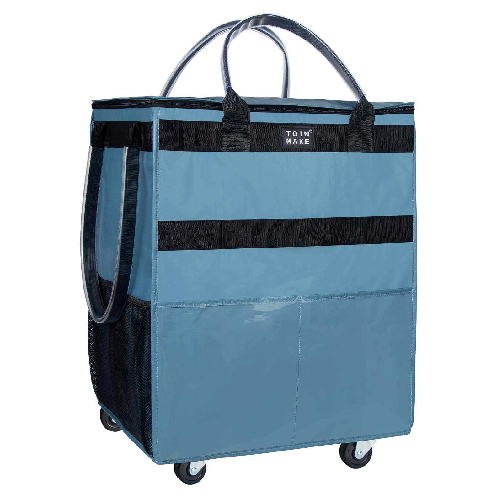 Reusable Grocery Bag On Wheels (Large, Blue) Shopping Trolley with 8 Pockets and Zipper Cover Foldable Rolling Tote, Heavy Duty Handles, Carries Up to