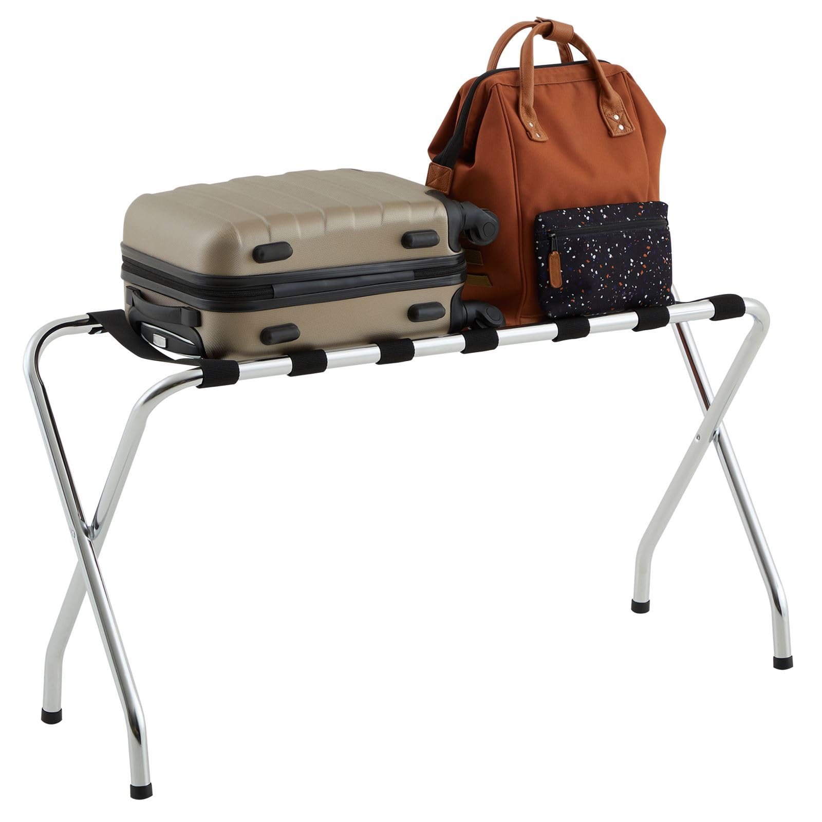 IDIMEX Porte-Valise Voyage en métal chromé, Support-Bagages Accessoire de Chambre hôtel pour Sac de Voyage et Valise, Support Valise Pliable avec 7 Sangles de Maintien