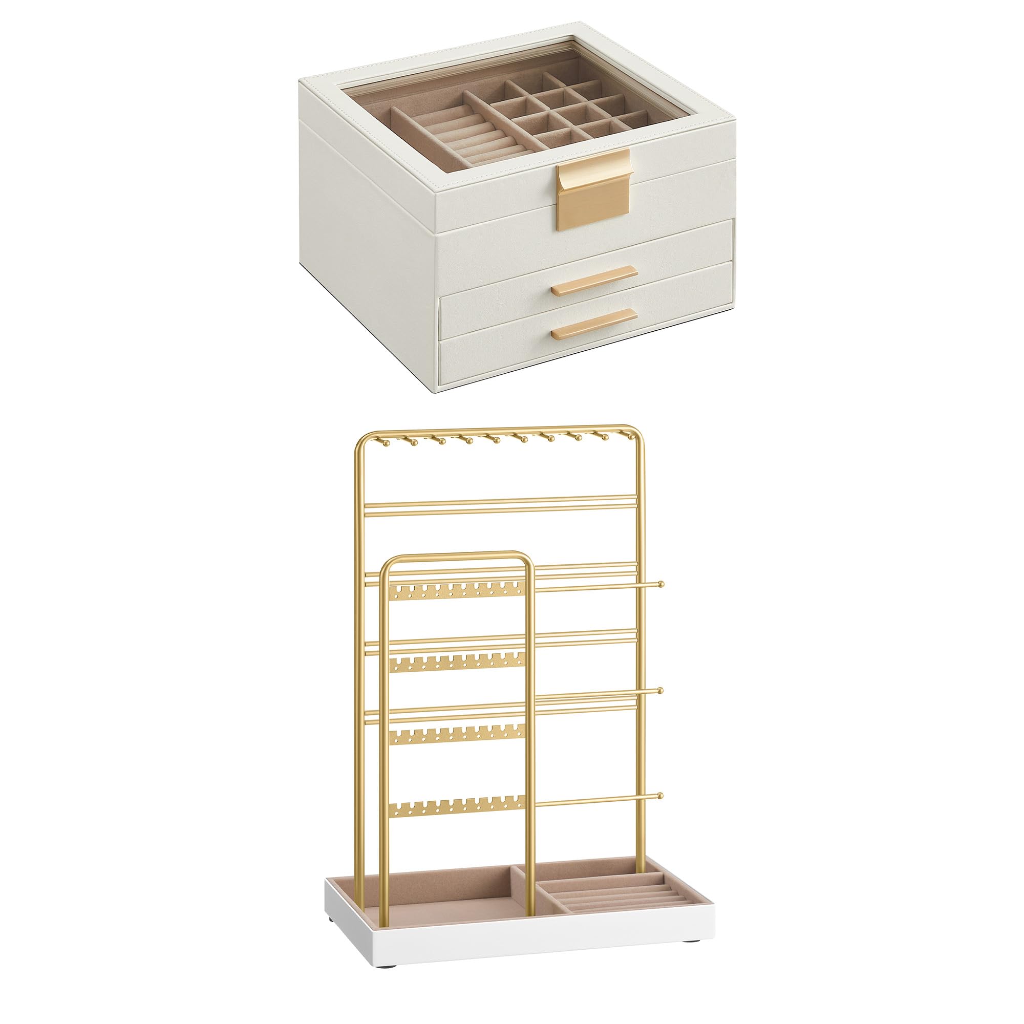 SONGMICS 3-Layer Jewelry Organizer Bundle with Jewelry Holder, Jewelry Box with Glass Lid, 2 Drawers, Jewelry Display Stand with Metal Frame, White and Pale Gold UJBC239WT and UJJS028A01