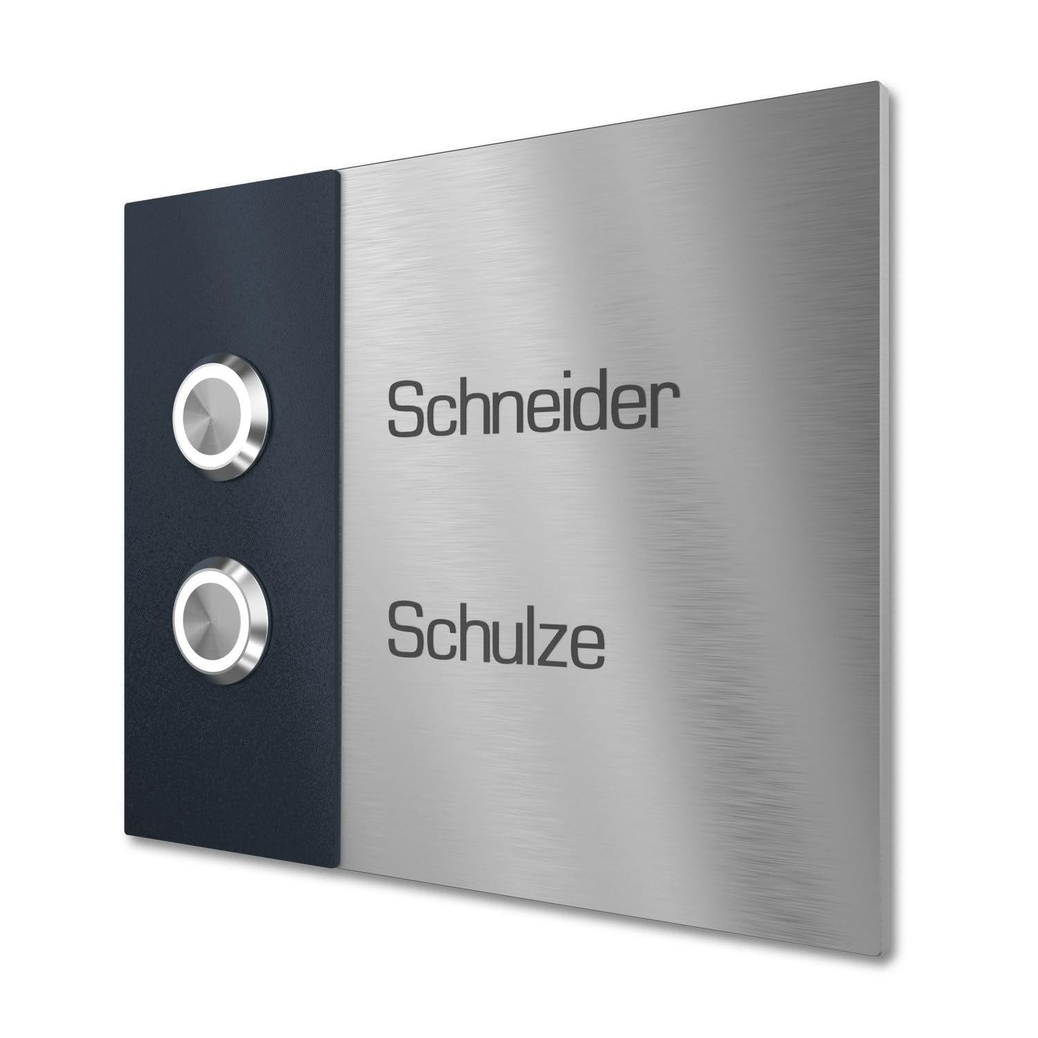 Zweifamilienhaus Klingel mit LED Klingeltaster 2 Namen Gravur - V2A Edelstahl Türklingel 140x115 mm - Unterputz wählbar Aufputz für Mehrfamilienhaus 2-fach
