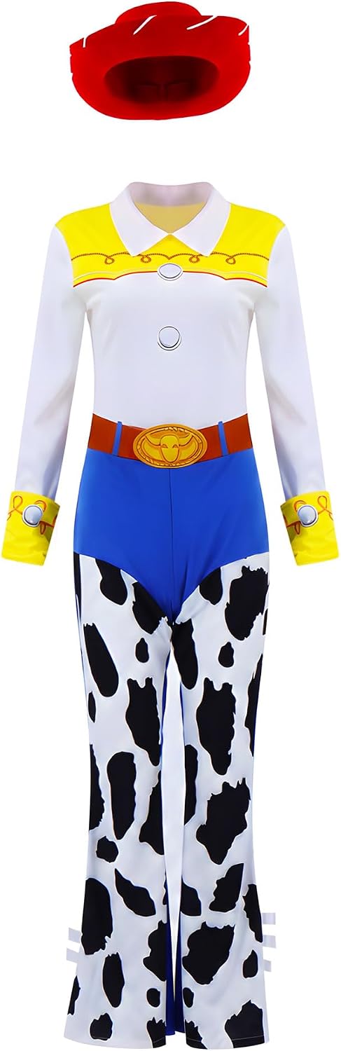 PAINEOMN Jessie Costume Women Cowgirl Jumpsuit Hat Wig Braid Bowknot Adult Halloween Cosplay Bodysuit Onesie Western Outfits