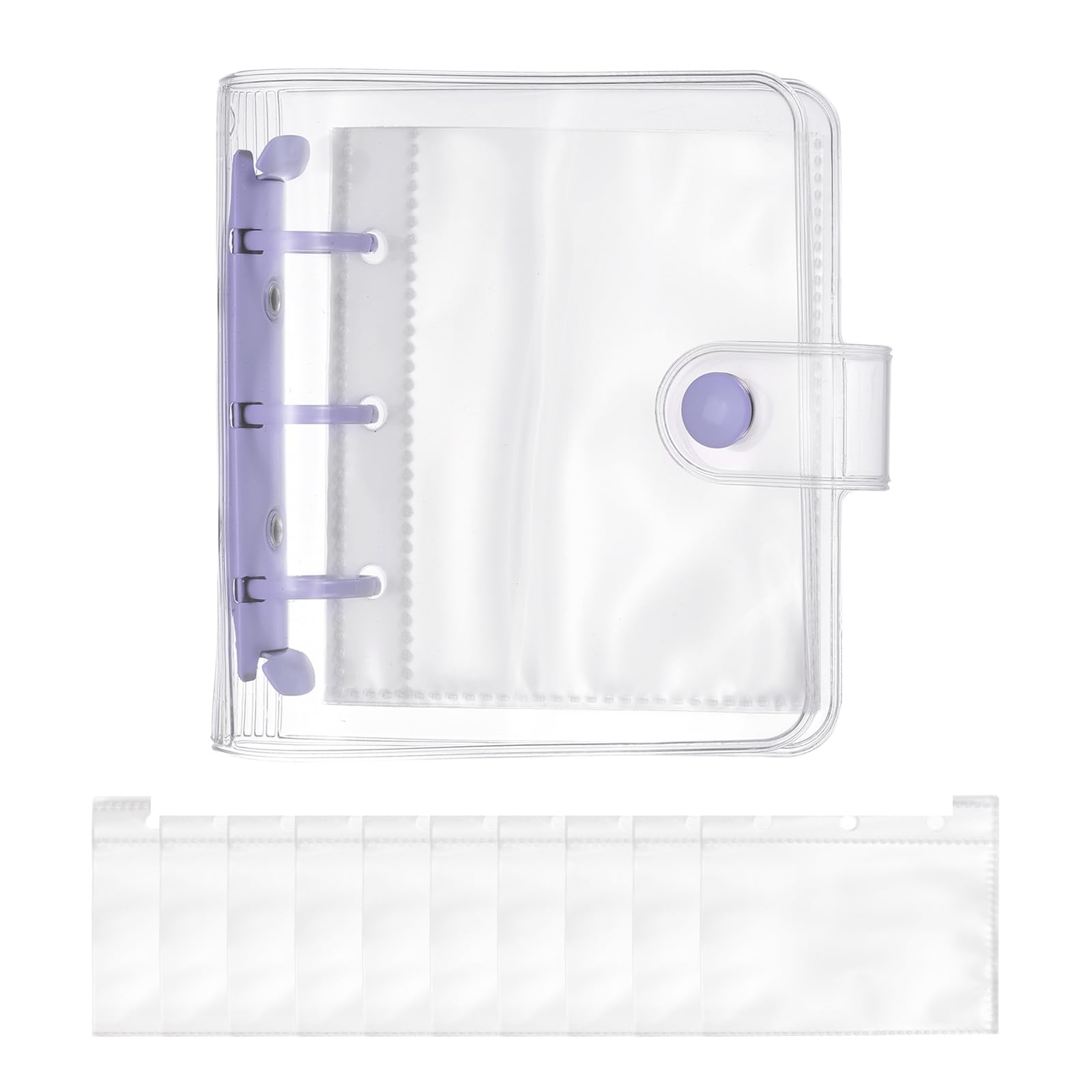 PATIKIL A8 Mini 3-Ring Binder Cover, Transparent PP Notebook Binder Soft Pocket Binder with Inner Pockets Snap Button Closure Refillable Folder for DIY Office Travel Planner, Purple