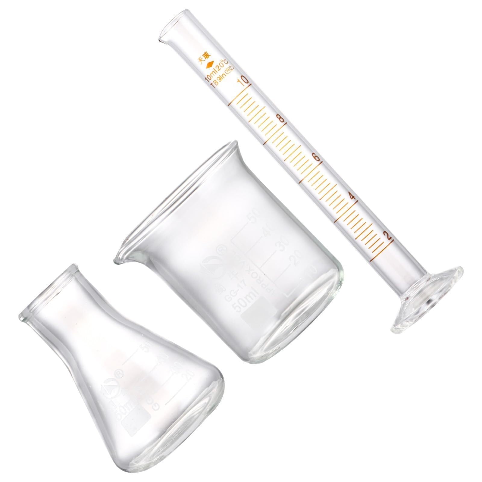 Konische Glaskolben, 3-teiliges Laborglas-Set – 50 ml Messbecher, Erlenmeyerkolben, 10 Messzylinder