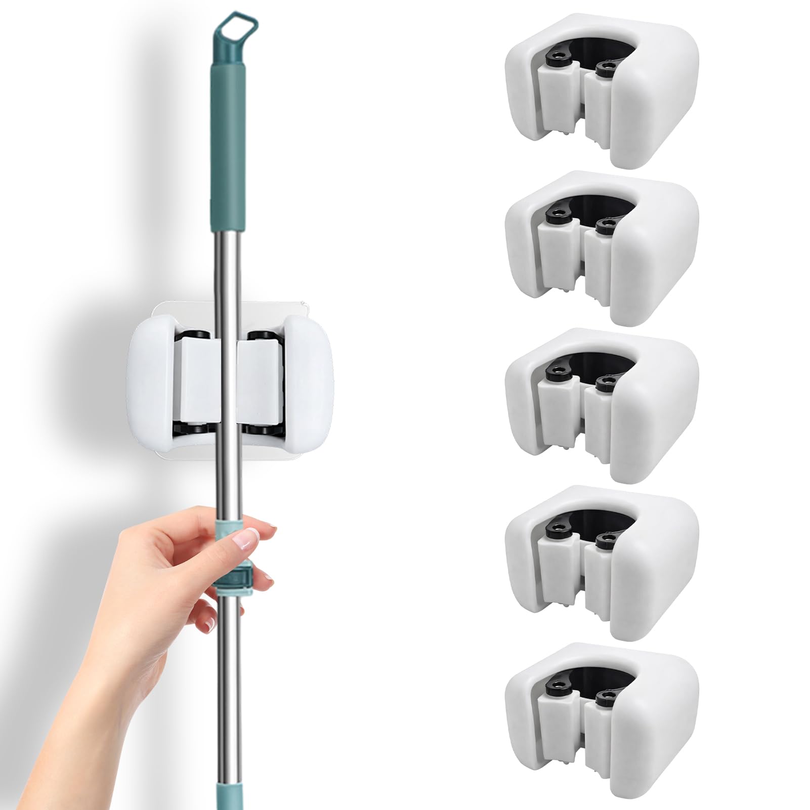 Liravonte 5 Pcs Broom Holder Wall Mounted, Self-Adhesive Mop Holder, Wall Mounted Broom Holder for Kitchen, Bathroom, Garage, Space Saving Tool Organizer