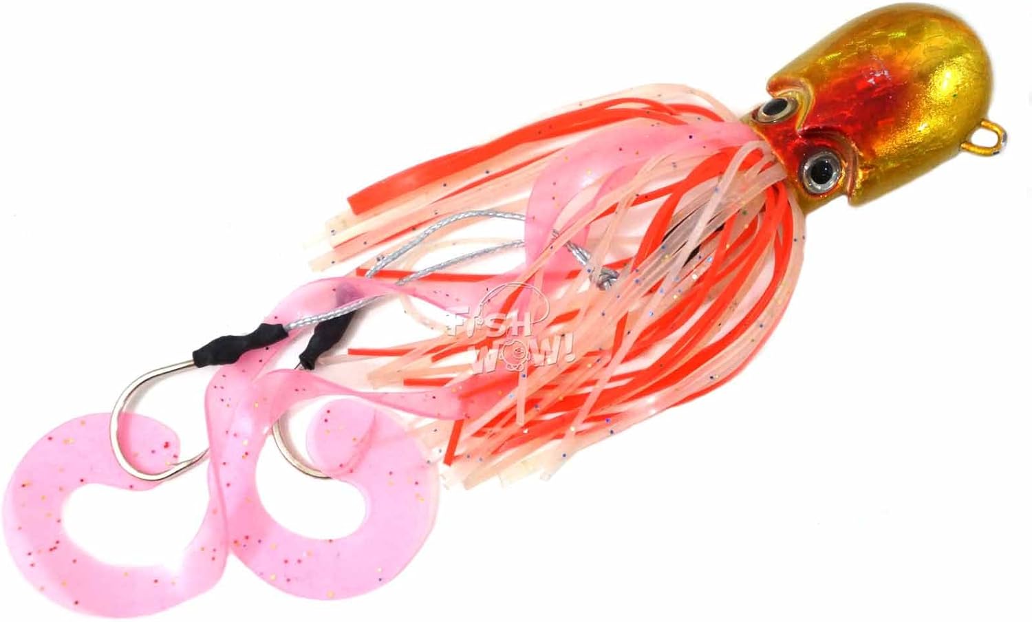 10pcs Fish WOW! 3.5oz Fishing Octopus Head Jig Colorful Rubber 100g Thunder Jig Weight Lures Jigging Heavy Bait w/Two Hooks -5 Colors- Green, Pink, Orange, Gold, Yellow