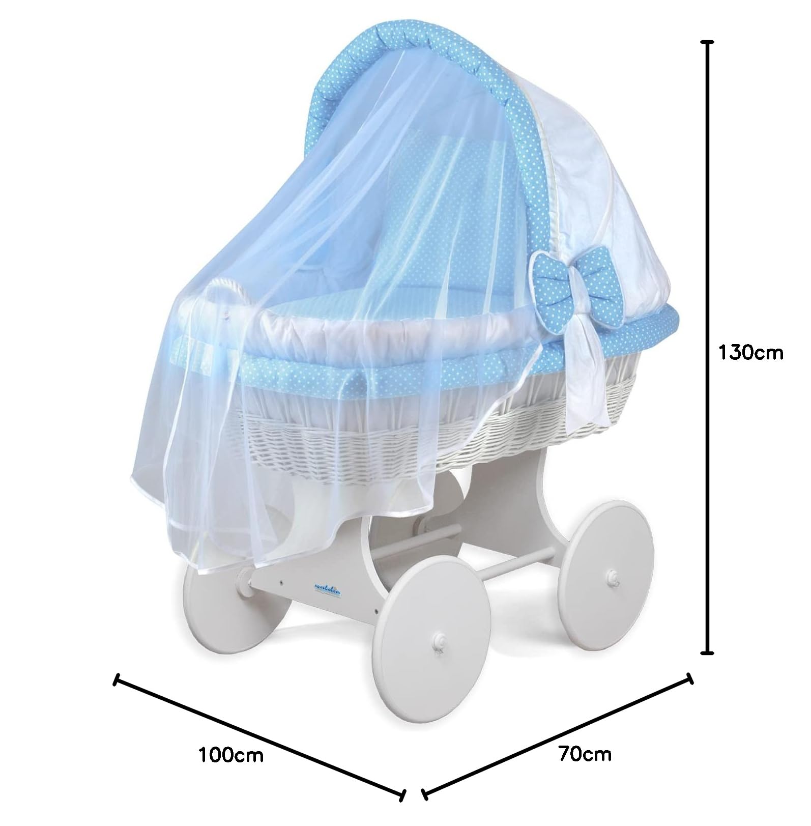 WALDIN Cuna Moisés, Carretilla portabebés XXL, 54 Modelos a Elegir, Madera/Ruedas Lacado en Blanco, Color Textil Blanco/Azul con Puntos Blanco