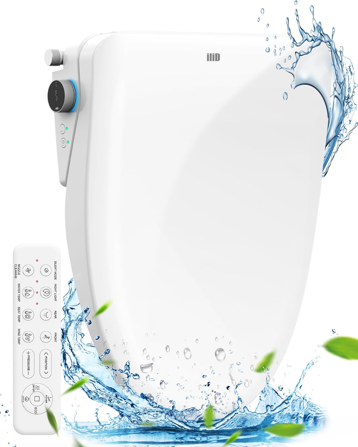 Bidet Seat, Toilet Seat, Electric Elongated Ecoseat with Four Cleaning Modes, Adjustable Angle and Pressure, Remote Control, Slow Close Lid, Easy Installation, 2 Year Warranty