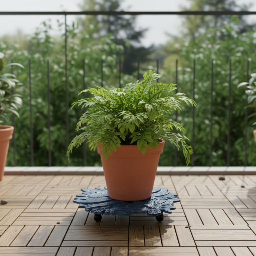 Comfy Hour 14" Flower & Dragonfly Cast Iron Plant Caddy with Wheels, Heavy Duty Rolling Flowerpot Stand, Decorative Plant Dolly for Large Pots, Artisan Crafted Metal Base, Blue, 1 Unit