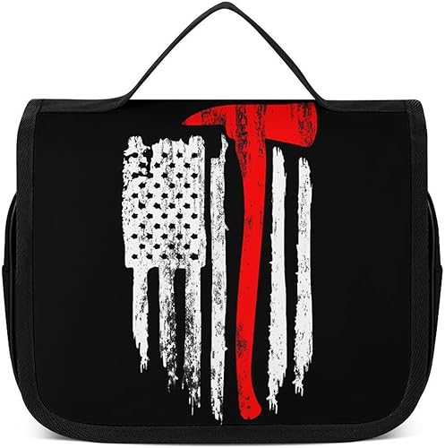 Bolsa de aseo con diseño de bandera estadounidense, diseño de hacha de bombero, bolsa de maquillaje de viaje, bolsa organizadora de cosméticos para