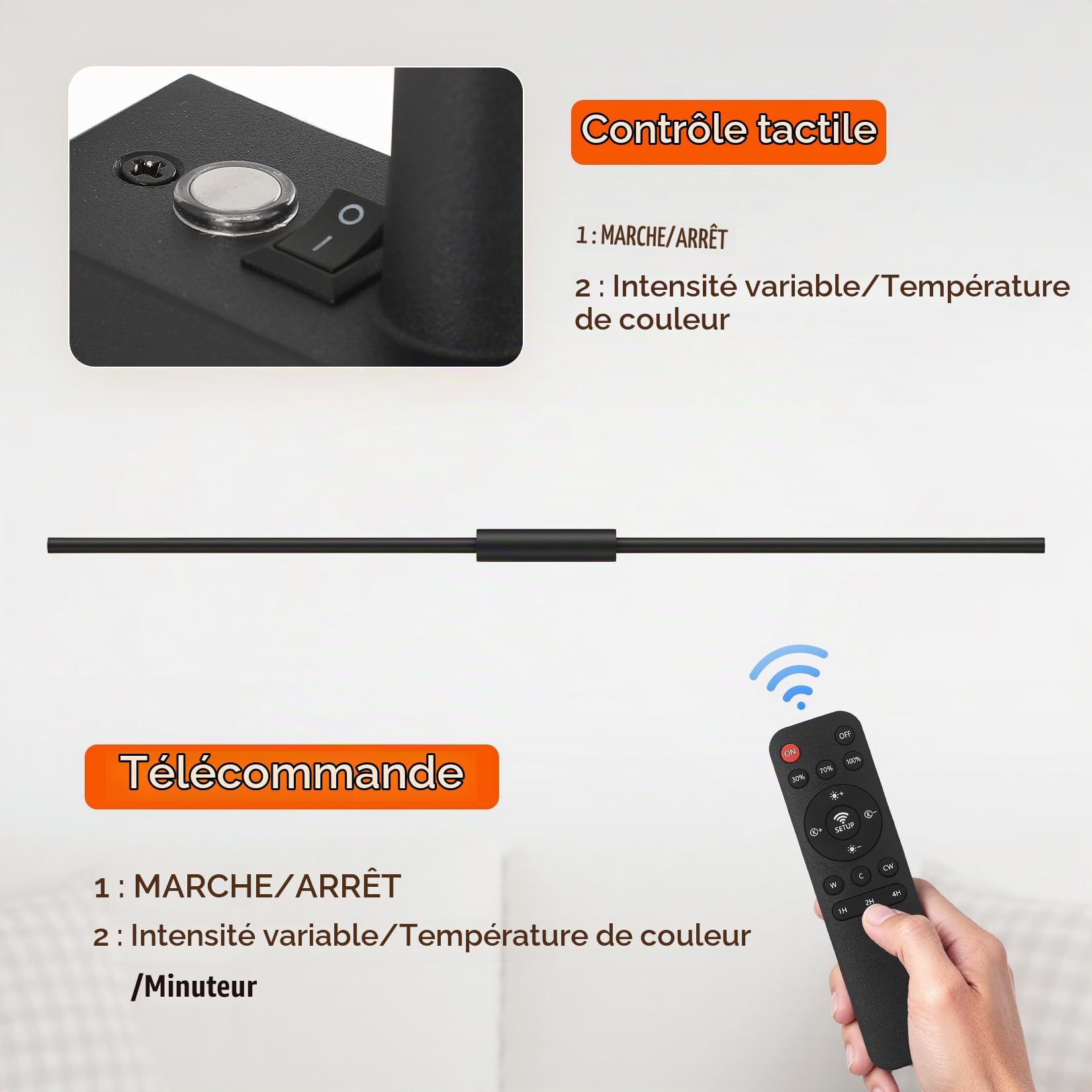 2 Pièces 100cm 9W Lampe Murale LED d'Intérieur Noir sans Fil