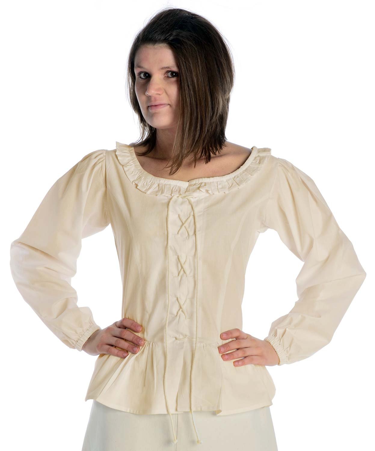 Hemad Women's Beige Medieval Blouse – Front & Back Lacing – Pure Cotton – L