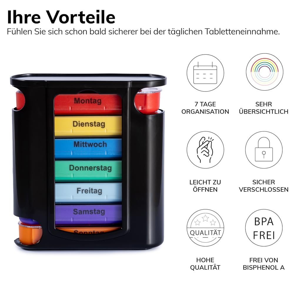 Laro Tablettenbox Schwarz 7 Tage 4 Fächern pro Tag - Wahlweise mit 3/6/12/24/48/96 Stück - Seniorenfreundlich, Anzahl:24