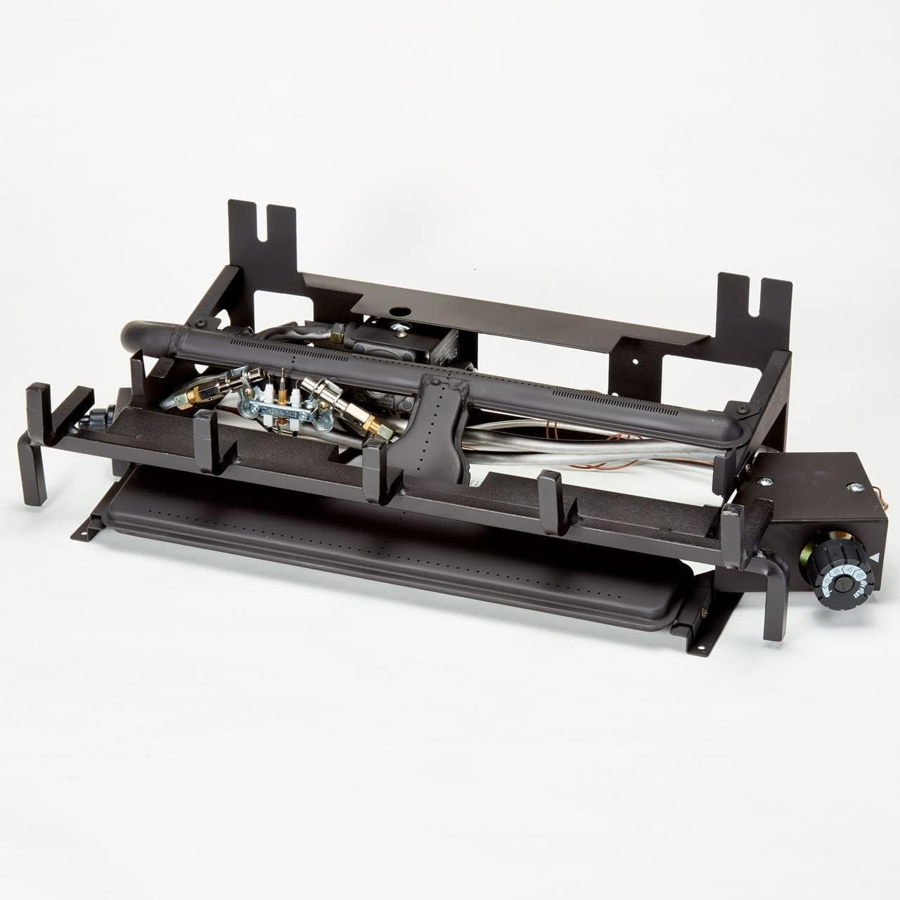 Image of the U-burner chassis, a metal frame with gas lines and burner elements.