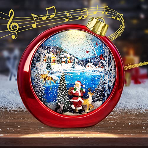 Large Size Christmas Snow Globes Lighted Up,6H Timer Glitter Snow Globes Christmas With Music Box 8 Songs, Red Round Lantern With Xmas Tree #TOP1