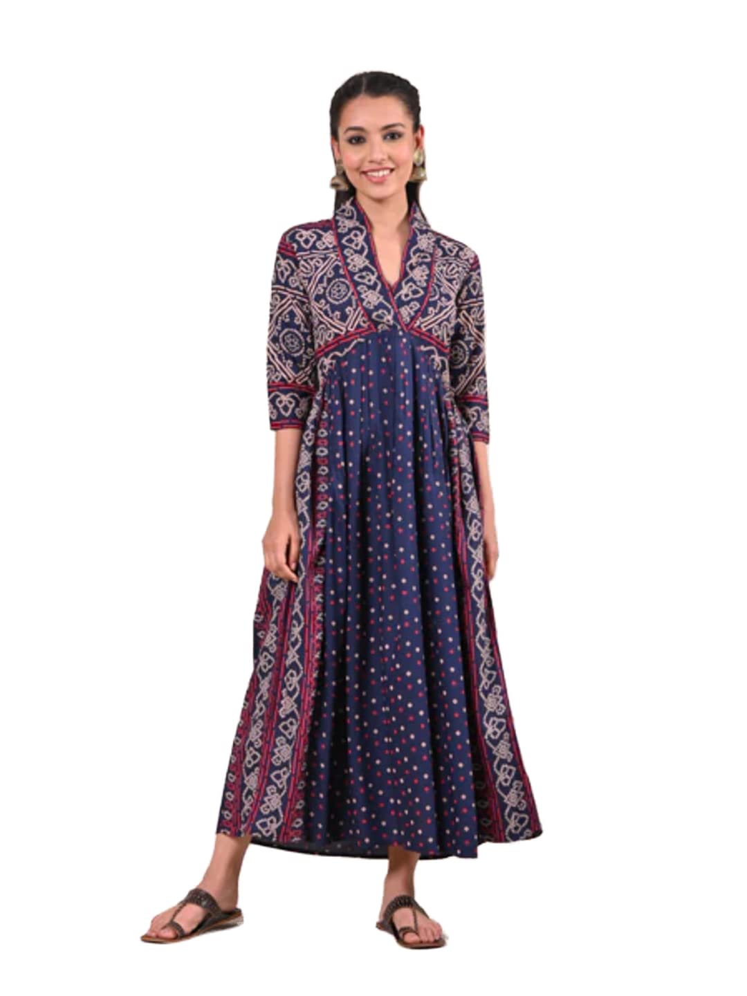 Indigo Bandhani V Neck Gathered Dress