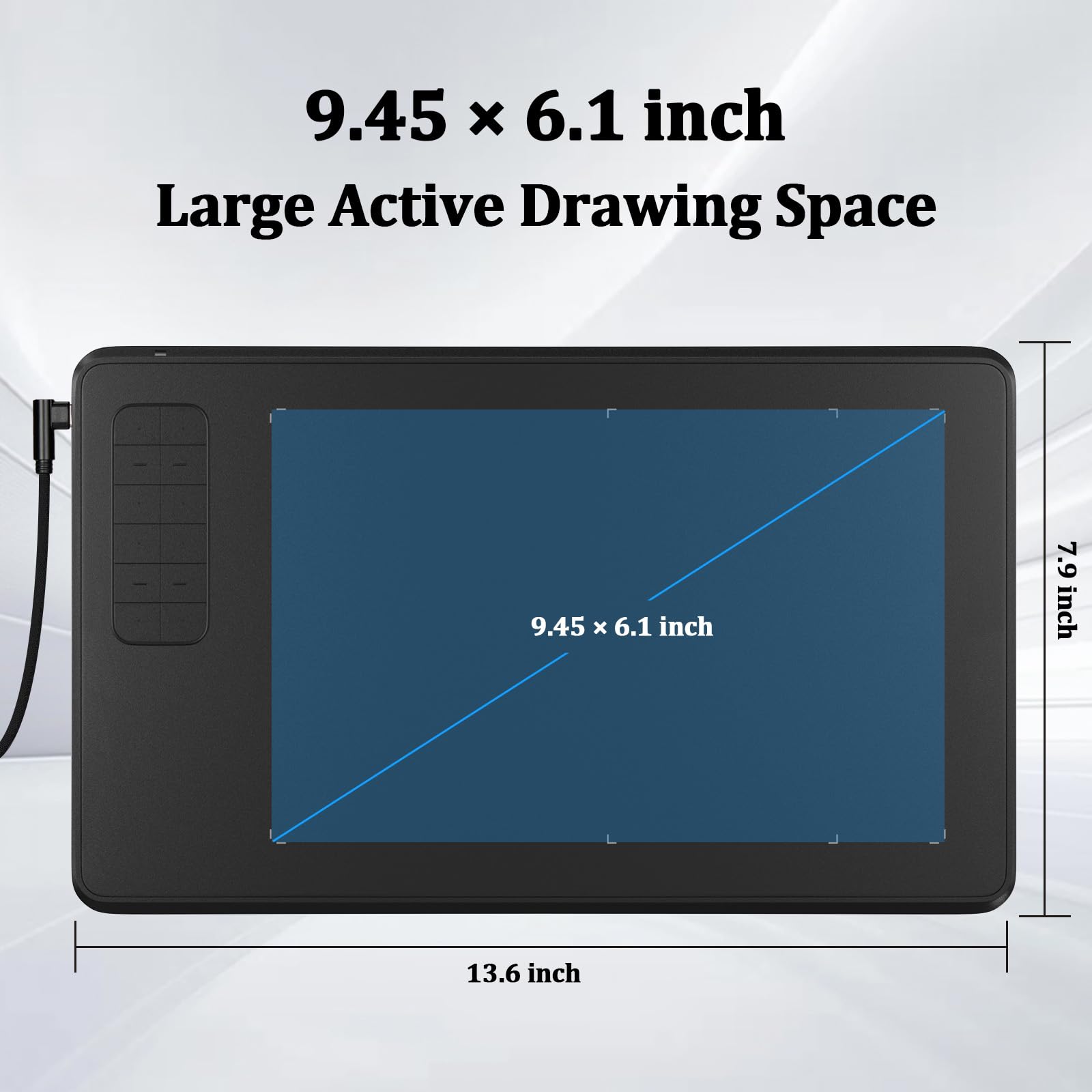 IMAGE Drawing Tablet de 9,45 x 6,1 pulgadas de área activa grande, 8192 niveles de presión de la batería, 12 teclas de acceso directo personalizables, tableta gráfica para dibujo digital y diseño