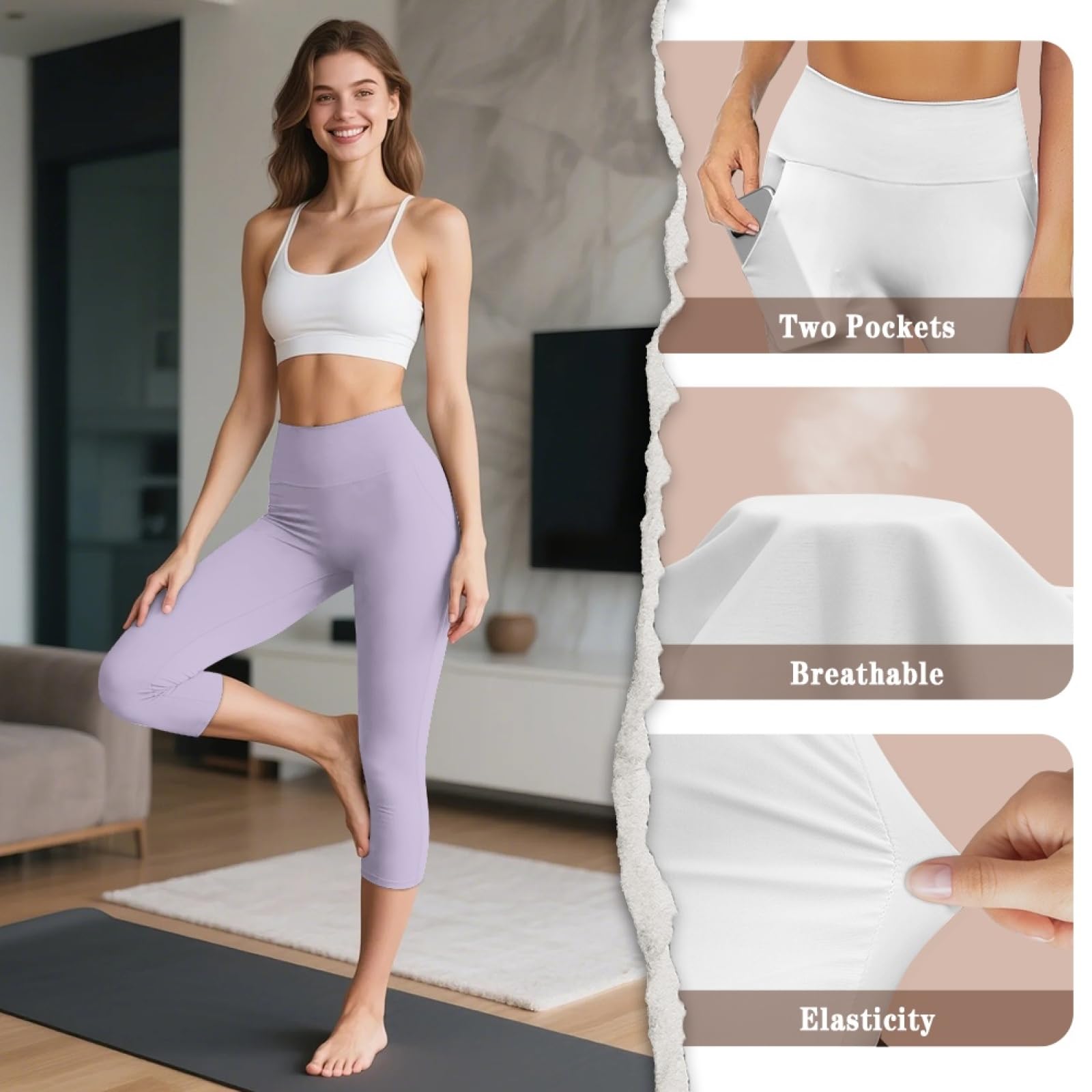 Amzbeauty Leggings deportivos para mujer, de cintura alta, con bolsillos, 3/4 de longitud, pantalones capris deportivos para yoga