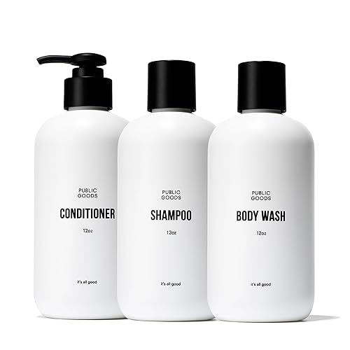 Public Goods Artículos esenciales de ducha para hombres y mujeres | Champú natural, acondicionador y gel de baño | Fabricado con aceites esenciales