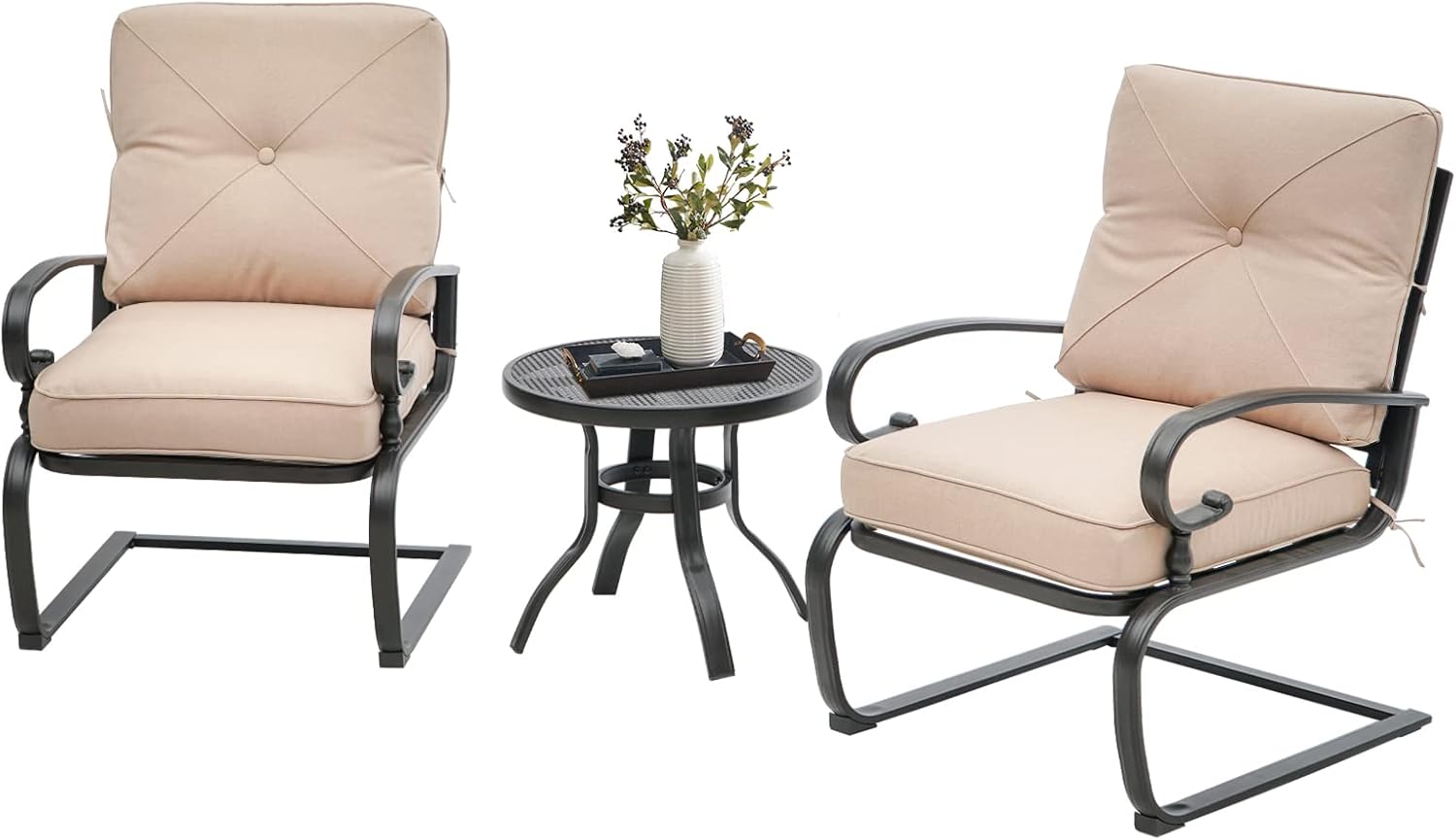 Oakcloud Outdoor Bistro Set 3-Piece Spring Metal Lounge Cushioned Chairs and Bistro Table Set Wrought Iron Cafe Furniture Seat, Brown