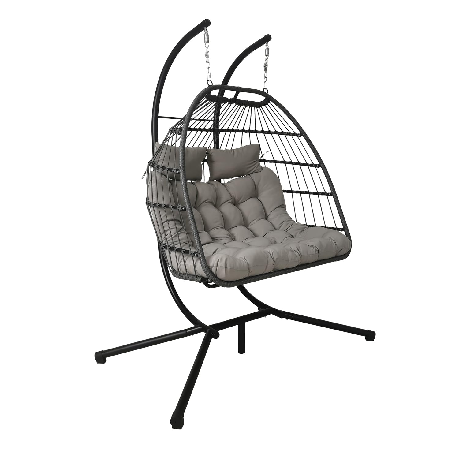 Double Seats Foldable Rattan Swing Chair Hammock with Steel Stand Weather-Resistant Hanging Chair for Patio Garden Indoor Outdoor (Double Grey Ratten Hanging Chair with Light Grey Cushion)