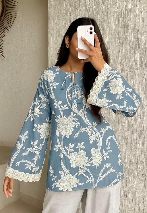 Image of Avayayat Women's Printed Short Kurti for Girls | Regular Wear Flared Tunic Top | Stylish & Comfortable Rayon Kurti