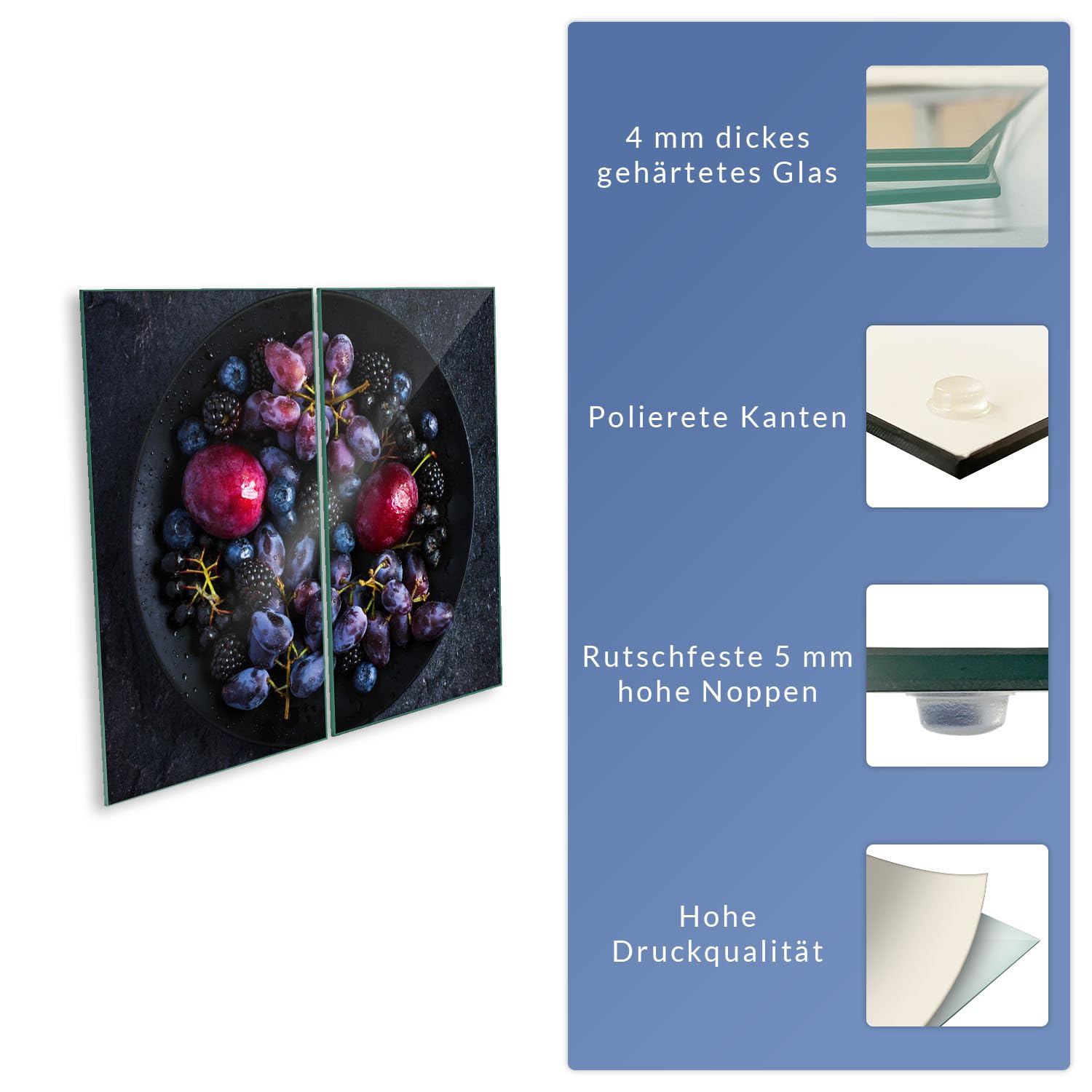 Herdabdeckplatte Abdeckung Ceranfeld Abdeckplatte Schneidebrett 2-Teilig 60x52 Früchte Beeren Violet Spritzschutz Glasplatte Ceranfeldabdeckung Herdschutz Sicherheitsglas Glasschneidebrett 2x30x52