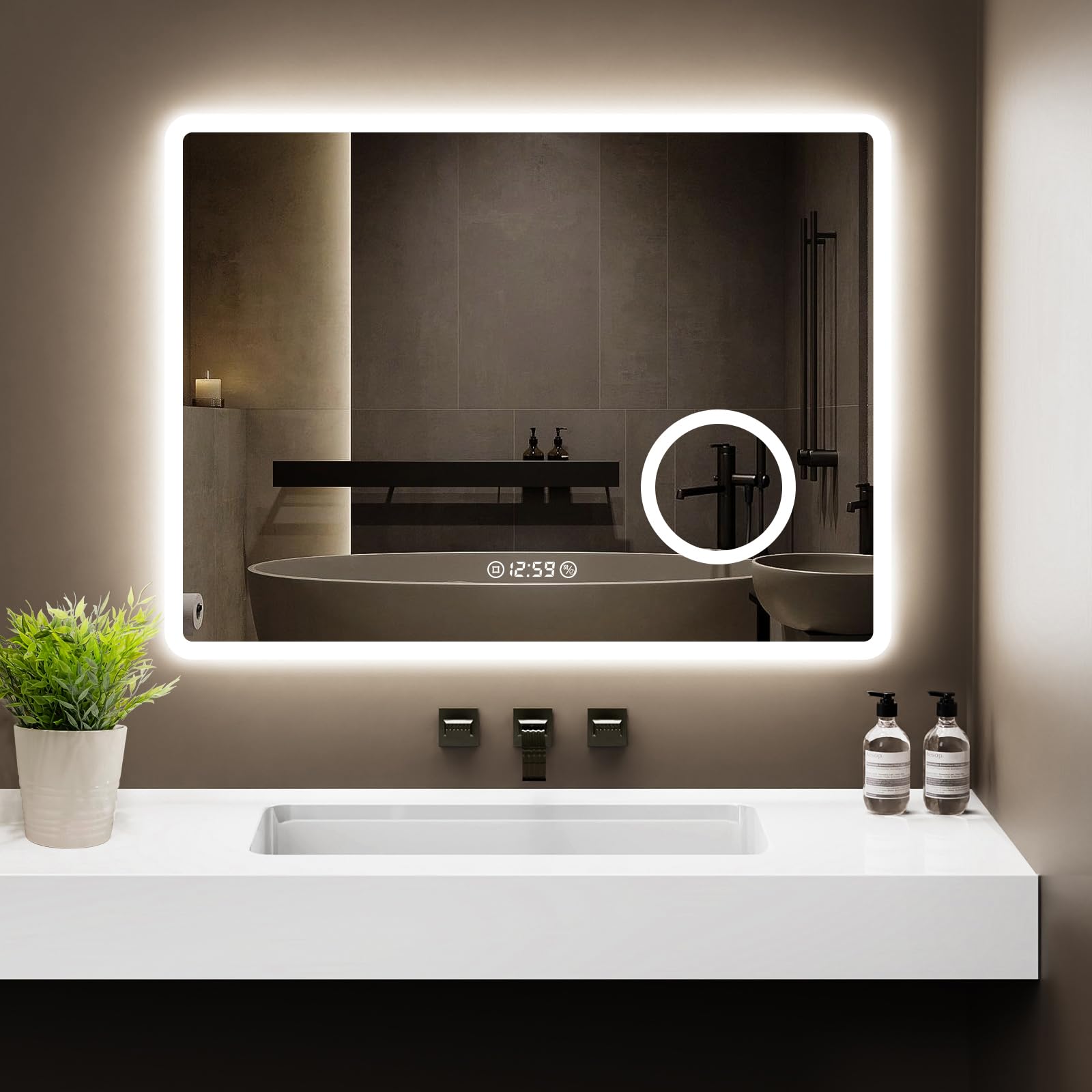 LED Bad Spiegel 80x60 cm mit Beleuchtung, 3 Lichtfarben & Dimmbar, Antibeschlag, Uhr & 3-fache Vergrößerung, Wandspiegel für Badezimmer