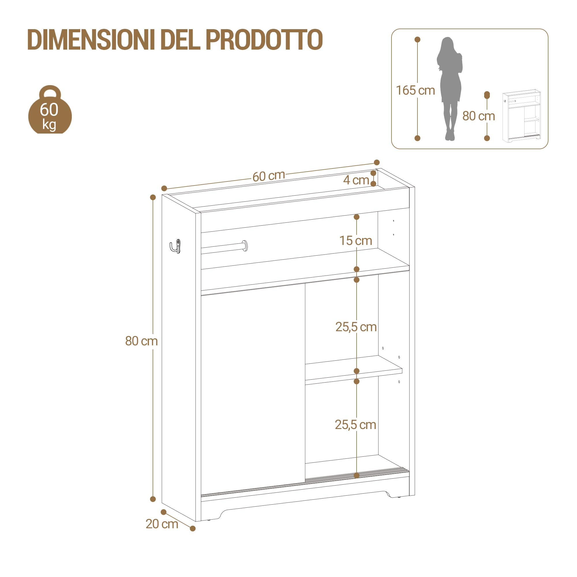 Hzuaneri Mobile Bagno, mobiletto bagno salvaspazio con Portarotoli di Carta Igienica e Ganci, Ante Scorrevole, Ripiano Regolabile, Accanto al Water, 20 x 60 x 80 cm, Bianco BC62813X