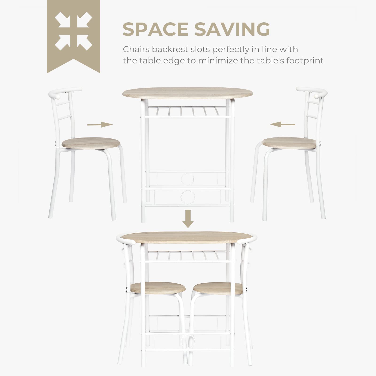 Bonnlo Esstisch Oval für 2 Personen mit Ablagefach, Küchentisch Klein mit 2 Stühlen, Dining Table Set Esszimmertisch Essgruppe Balkontisch für Küche Balkon Esszimmer (Eiche-Weiß)