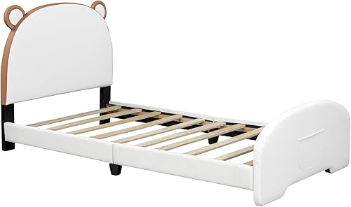 Miniatura 5 de Cama de plataforma tapizada de tamaño individual con bolsillos en forma de oso para cabecero y estribo, base de cama tapizada de piel sintética para