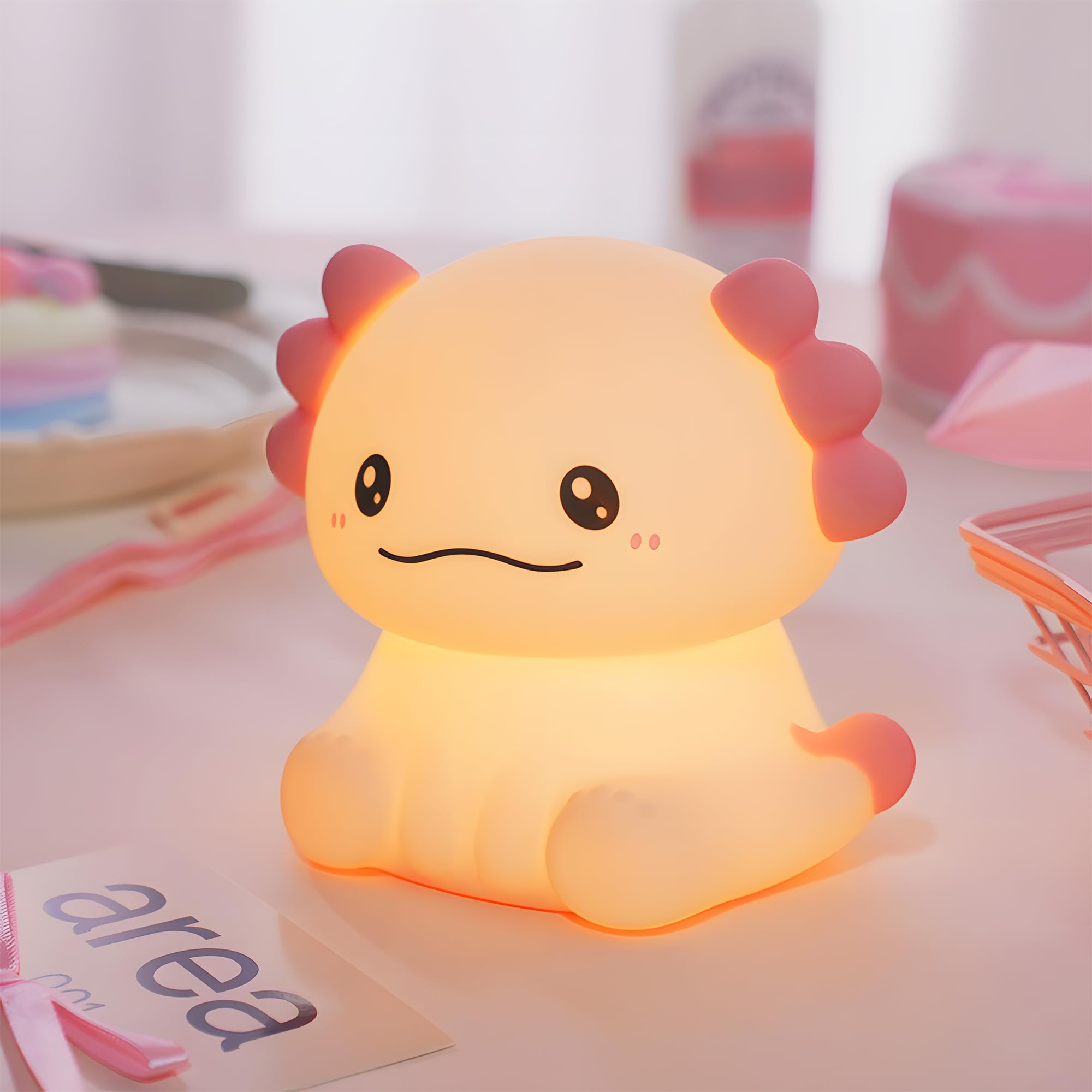 Wrischan Axolotl Night Light Kids, Cute Soft Silicone LED Lamp with 7 Color Changing & 3 Dimmable Settings, 30-Minute Timer
