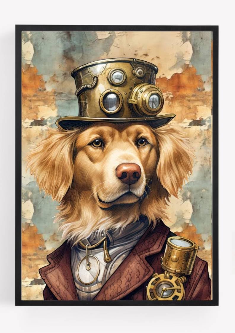 Steam punk steampunk golden retriever dog Print Picture Poster hipster dapper vinatge style A4 UNFRAMED wall art Home decor Decorating gift